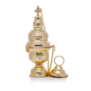 Elegant Brass Thurible with Floral Ornaments - 24 cm