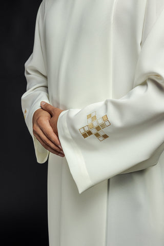 Ecru priestly alb with mosaic cross embroidery