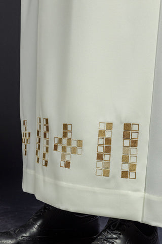 Ecru priestly alb with mosaic cross embroidery