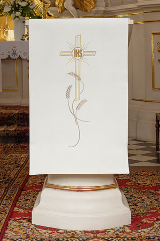 Lectern cloth with cross and IHS embroidery, 55x250 cm, available in liturgical colors