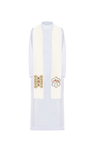 Ecru priest stole embroidered with Agnus Dei