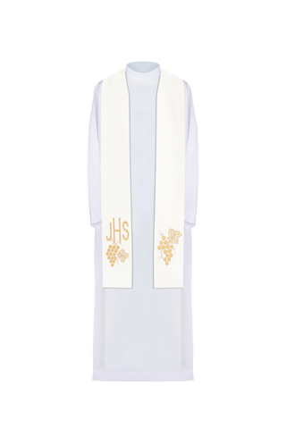 Ecru priest stole with IHS embroidery and grapes