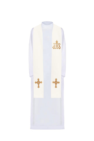 Ecru priest stole with Cross and IHS embroidery