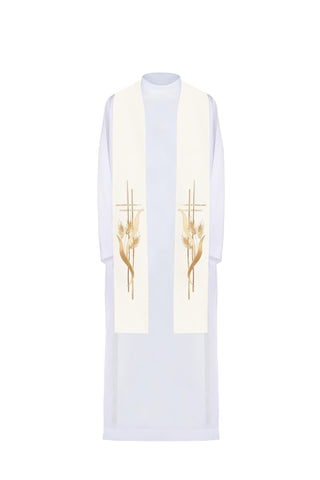 Ecru priest stole with embroidered cross and wheat ears