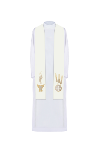 Ecru liturgical stole with embroidery of a chalice, grapes, and wheat ears