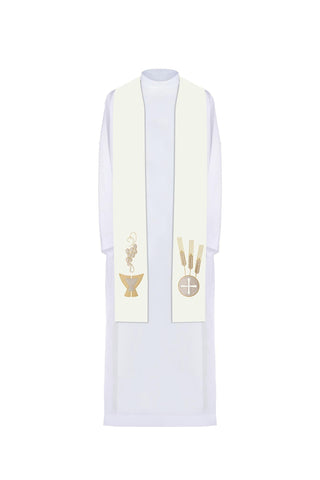 Ecru liturgical stole with embroidery of a chalice, grapes, and wheat ears