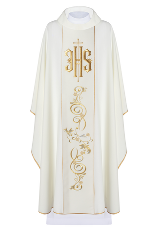 Ecru liturgical chasuble with IHS embroidery and gold trim