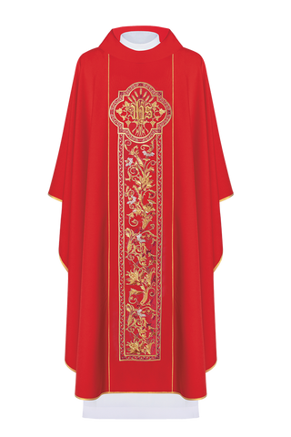 Embroidered red chasuble with JHS symbol - LITURGICAL SHOP