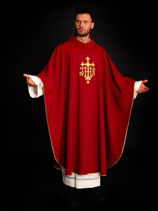 Embroidered red chasuble with ihs symbol - LITURGICAL SHOP