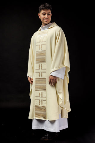 Ecru liturgical chasuble with embroidered crosses and a diamond collar