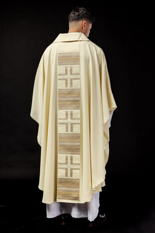 Ecru liturgical chasuble with embroidered crosses and a diamond collar