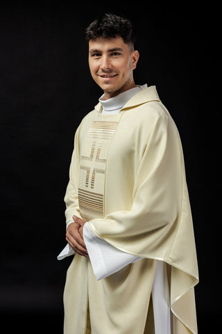 Ecru liturgical chasuble with embroidered crosses and a diamond collar