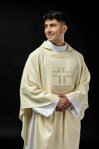 Ecru liturgical chasuble with embroidered crosses and a diamond collar