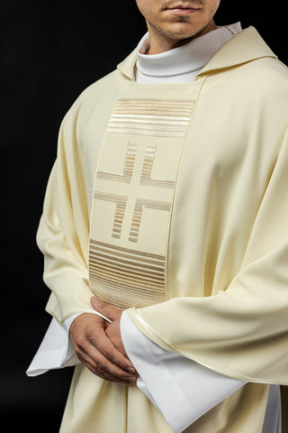 Ecru liturgical chasuble with embroidered crosses and a diamond collar