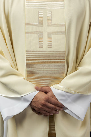 Ecru liturgical chasuble with embroidered crosses and a diamond collar