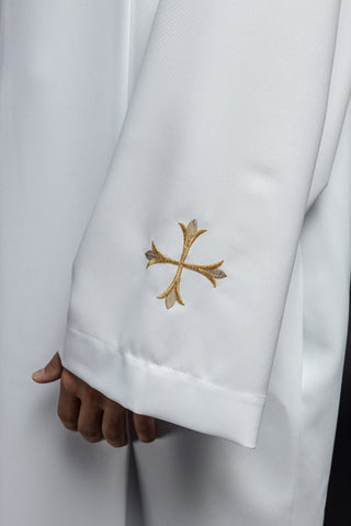 Embroidered priestly alb with a collar and crosses in white or ecru