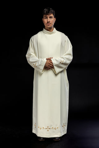 Embroidered priestly alb with a turtleneck and ecru crosses