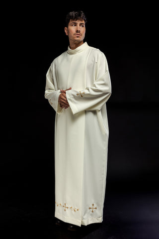 Embroidered priestly alb with a turtleneck and ecru crosses