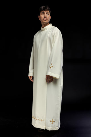 Embroidered priestly alb with a turtleneck and ecru crosses