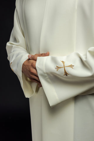 Embroidered priestly alb with a turtleneck and ecru crosses