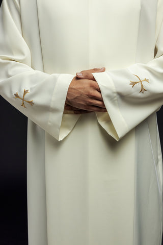 Embroidered priestly alb with a turtleneck and ecru crosses