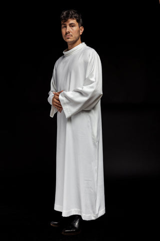 Linen priest's alb, plain with a classic collar in white or ecru