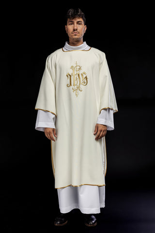 Ecru dalmatic with IHS embroidery and gold-satin trimming