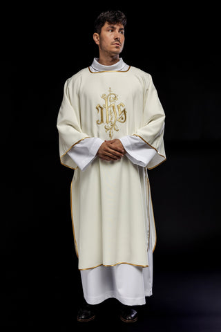 Ecru dalmatic with IHS embroidery and gold-satin trimming