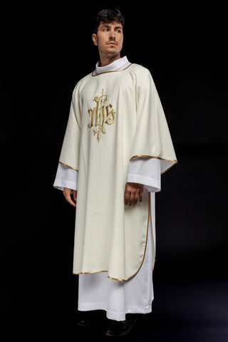 Ecru dalmatic with IHS embroidery and gold-satin trimming