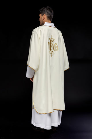 Ecru dalmatic with IHS embroidery and gold-satin trimming