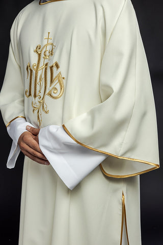 Ecru dalmatic with IHS embroidery and gold-satin trimming