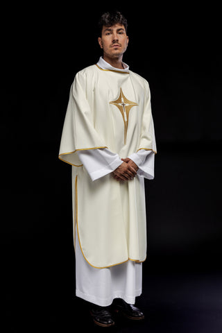 Ecru liturgical dalmatic with gold cross embroidery and gold-satin trimming