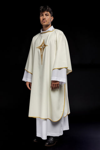 Ecru liturgical dalmatic with gold cross embroidery and gold-satin trimming