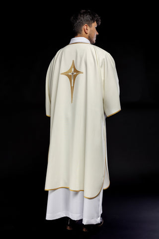 Ecru liturgical dalmatic with gold cross embroidery and gold-satin trimming