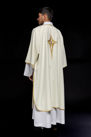 Ecru liturgical dalmatic with gold cross embroidery and gold-satin trimming