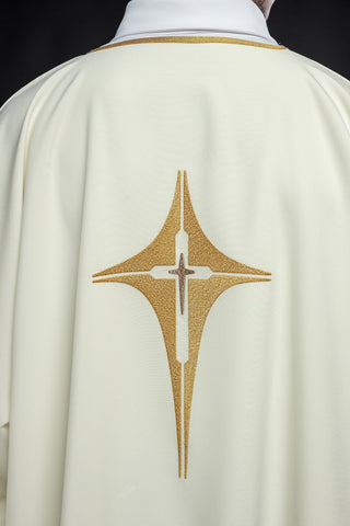 Ecru liturgical dalmatic with gold cross embroidery and gold-satin trimming