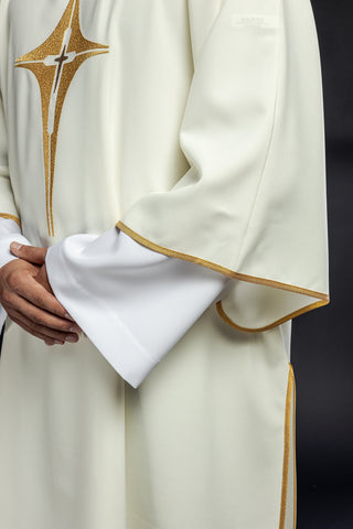 Ecru liturgical dalmatic with gold cross embroidery and gold-satin trimming