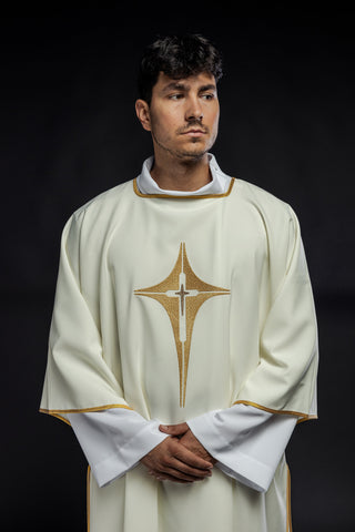 Ecru liturgical dalmatic with gold cross embroidery and gold-satin trimming