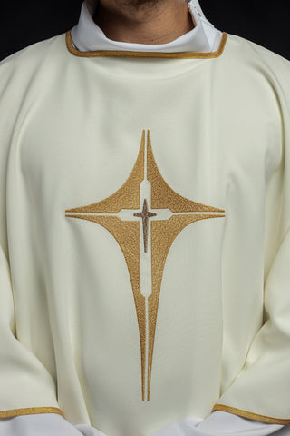 Ecru liturgical dalmatic with gold cross embroidery and gold-satin trimming