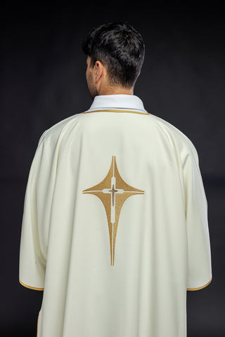 Ecru liturgical dalmatic with gold cross embroidery and gold-satin trimming