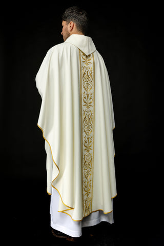 Ecru liturgical chasuble with an embroidered band and gold-satin trimming