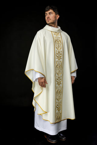 Ecru liturgical chasuble with an embroidered band and gold-satin trimming