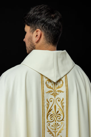 Ecru liturgical chasuble with an embroidered band and gold-satin trimming