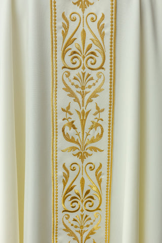 Ecru liturgical chasuble with an embroidered band and gold-satin trimming