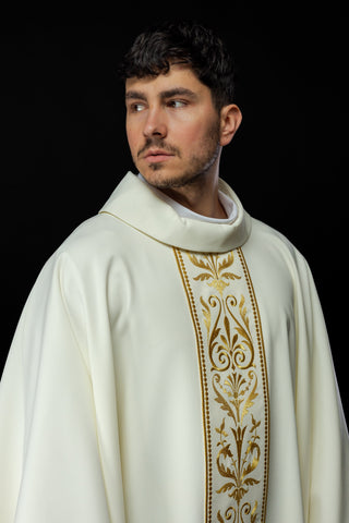 Ecru liturgical chasuble with an embroidered band and gold-satin trimming