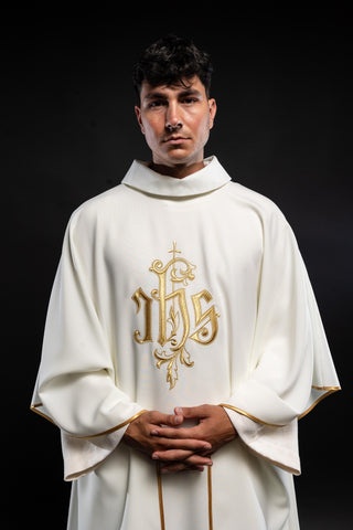 Cream liturgical chasuble with gold IHS embroidery and satin trim