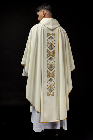 Ecru liturgical chasuble with IHS embroidery and Chalice symbol