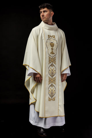 Ecru liturgical chasuble with IHS embroidery and Chalice symbol