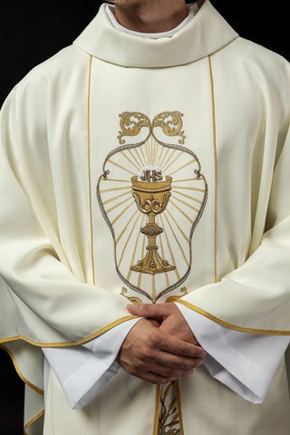 Ecru liturgical chasuble with IHS embroidery and Chalice symbol