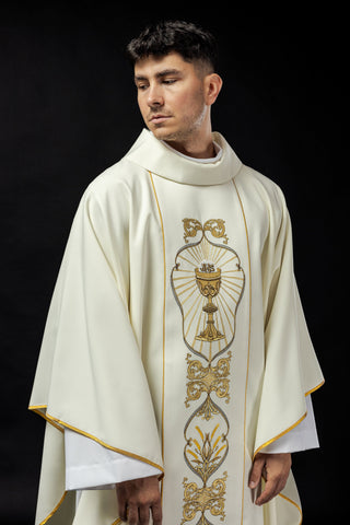 Ecru liturgical chasuble with IHS embroidery and Chalice symbol